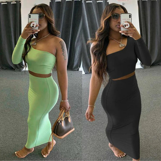 Women's 2-Piece Set – Features a one-shoulder long sleeve crop top