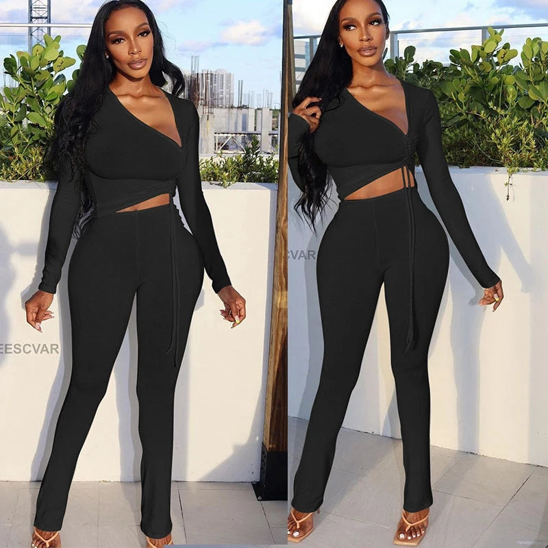 Two Piece Elegant Drawstring Crop Top Set