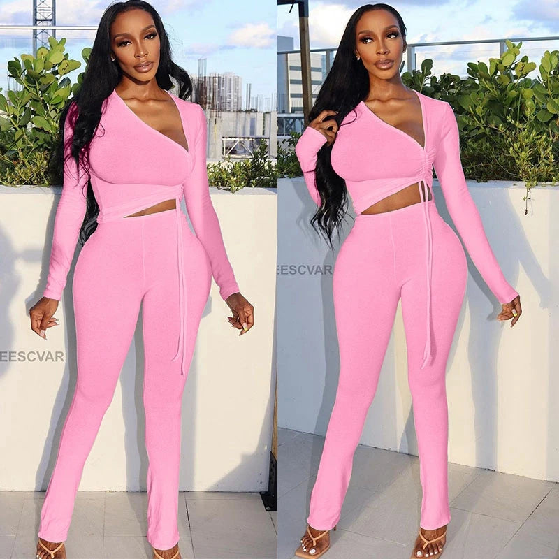 Two Piece Elegant Drawstring Crop Top Set