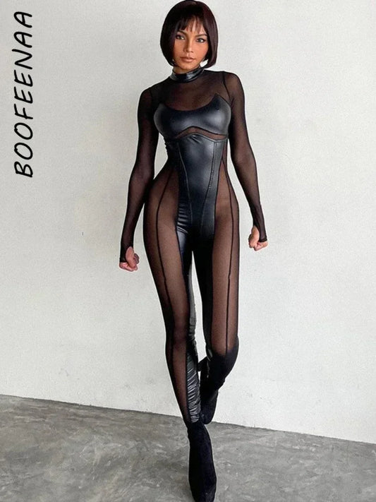 Genzi Black Mesh Sheer Bodycon Jumpsuit