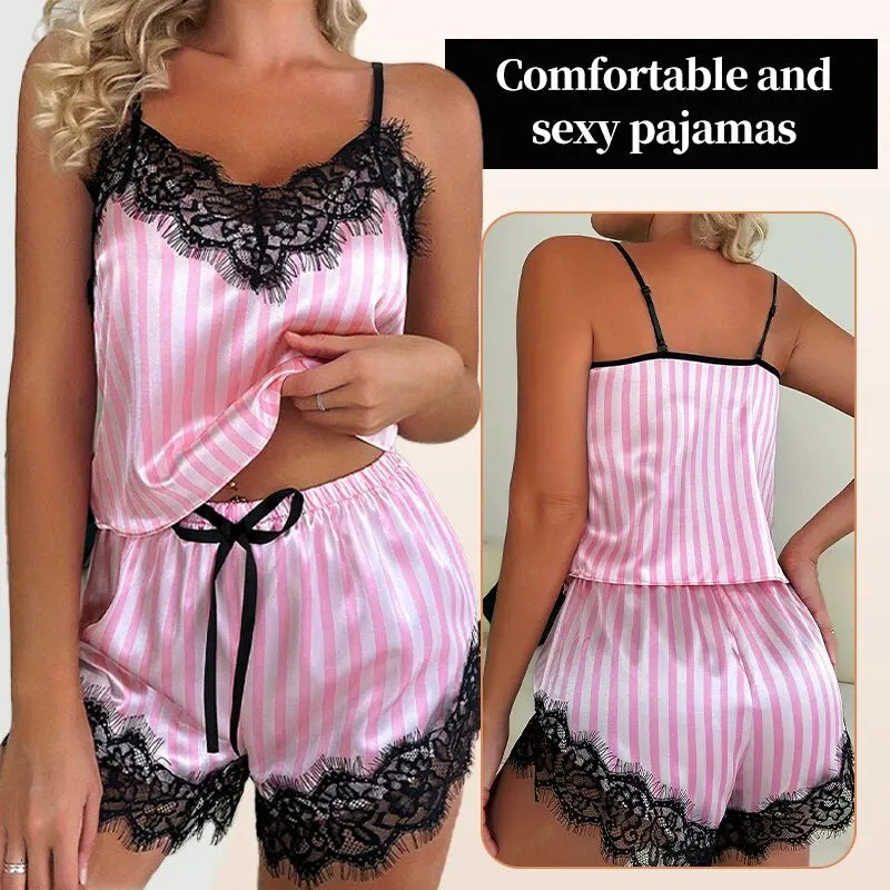 Genzi Pink Stripe Contrast Lace Trim Satin Cami Short PJ Set