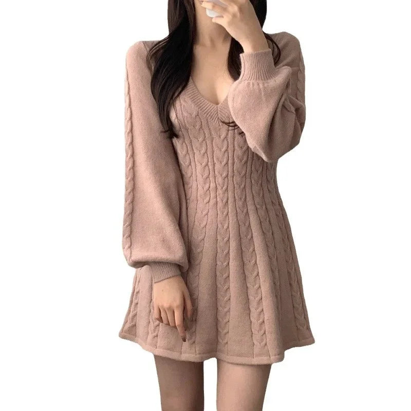 GENZI Cable-Knit V-Neck Mini Dress