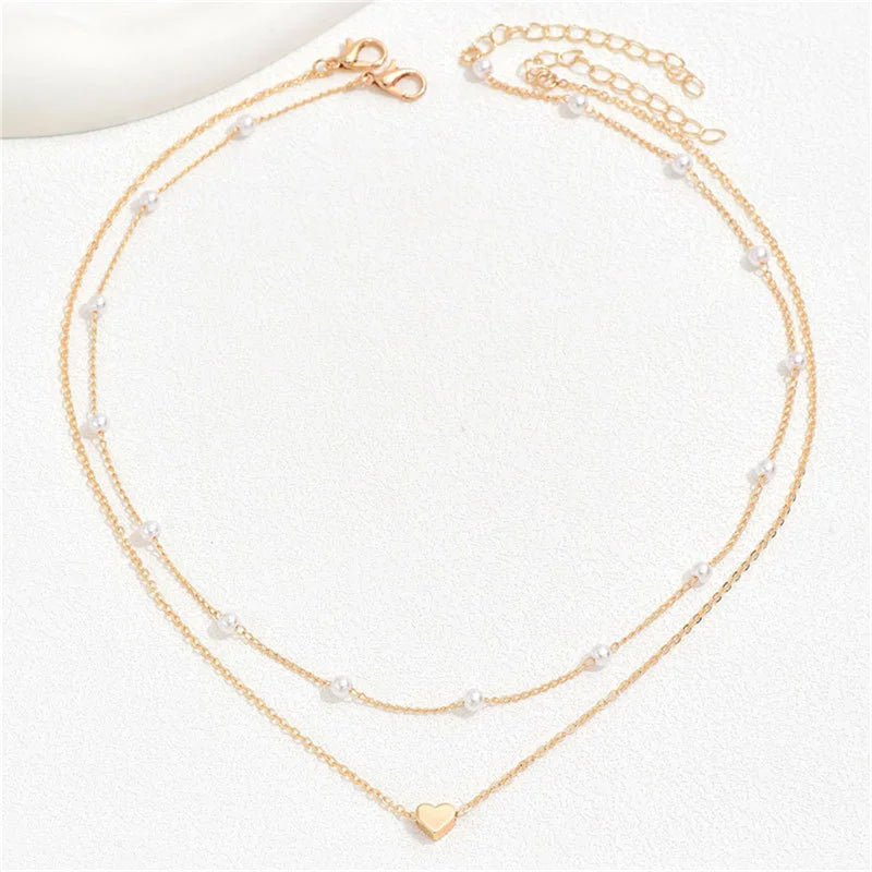 Genzi Double Layer Heart Pendant Pearl Choker Necklaces