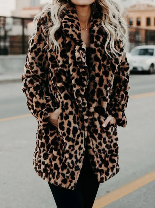 Women's Leopard Faux Fur Coat – Long warm winter jacket