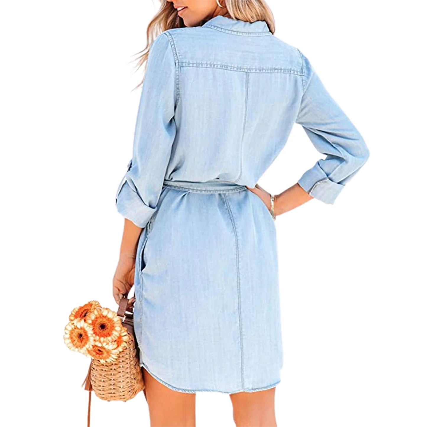 Genzi Denim Belted Long Sleeve Shirt Dress