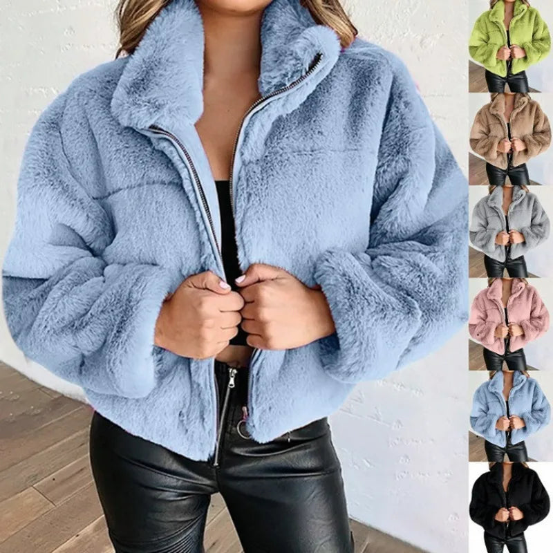 Genzi Faux Fur Teddy Short Zipper Oversized Jacket