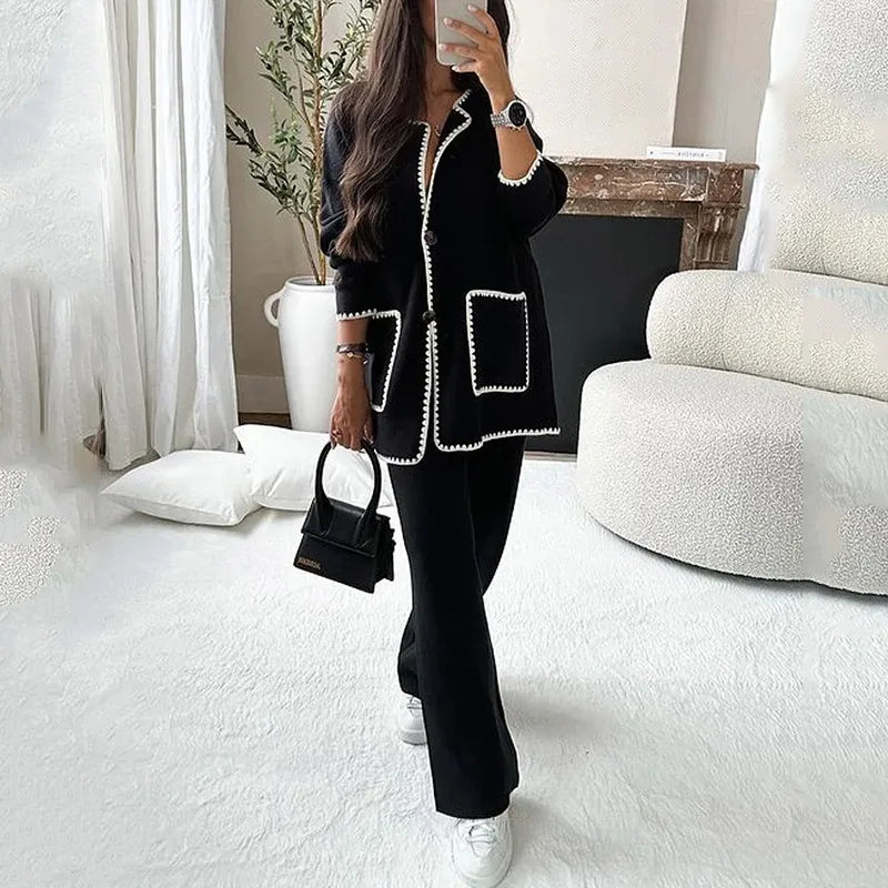 Knitted Two-Piece Set loose round neck cardigan wide-leg pants