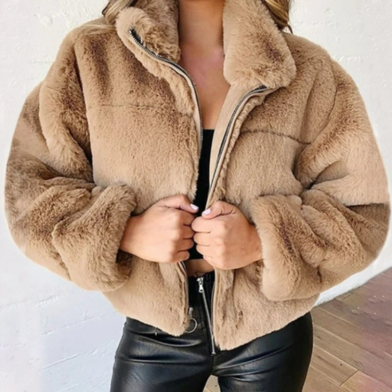 Genzi Faux Fur Teddy Short Zipper Oversized Jacket