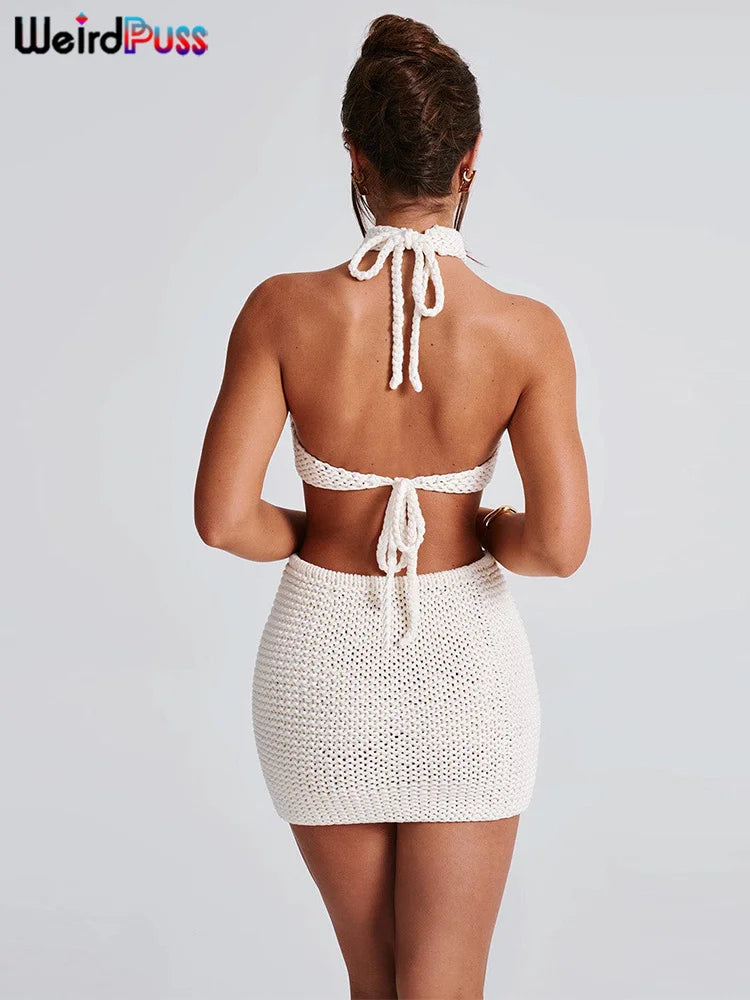 White Halter Kneck  backless Top set