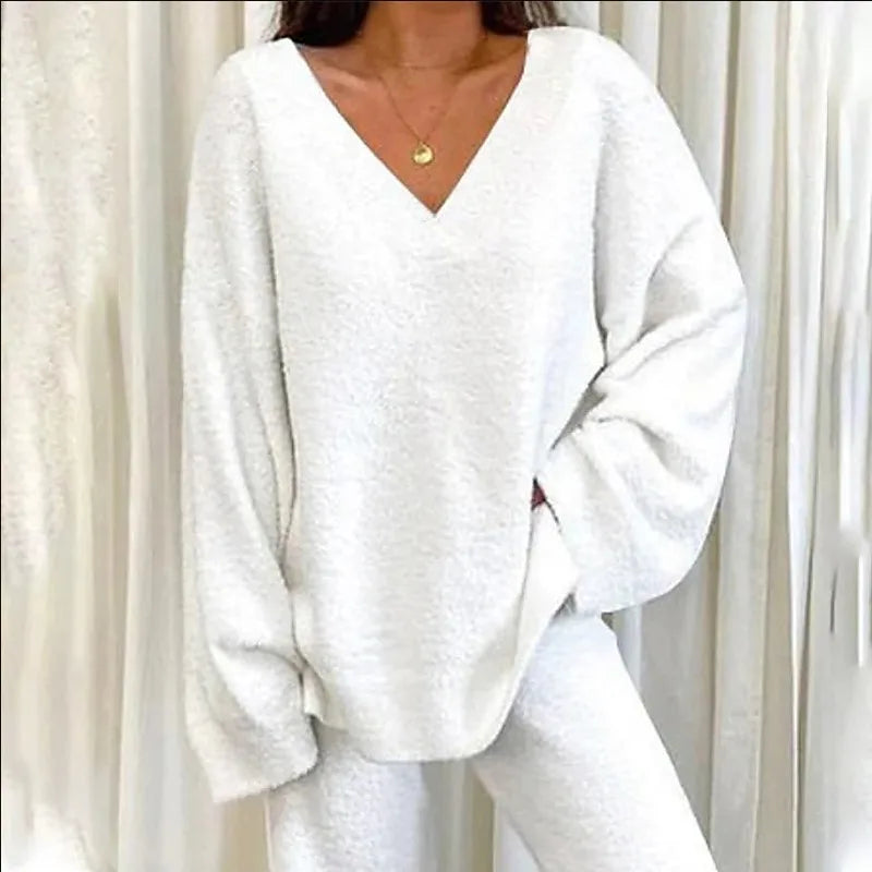 Genzi Fleeced V-Neck Loungewear Set