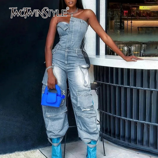 Cargo Pocket Bandeau Denim Jumpsuit