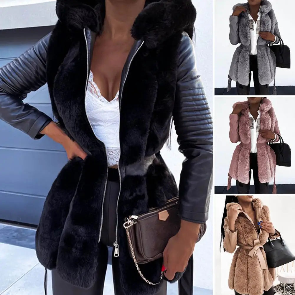 Genzi Faux Fur Zip Up PU Coat