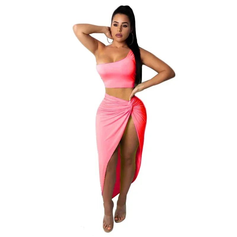 Women Irregular Skew Collar Crop Top Long Skirt 2 Piece Set for Women Female Skirts Women's Suits Evening Party Outfit