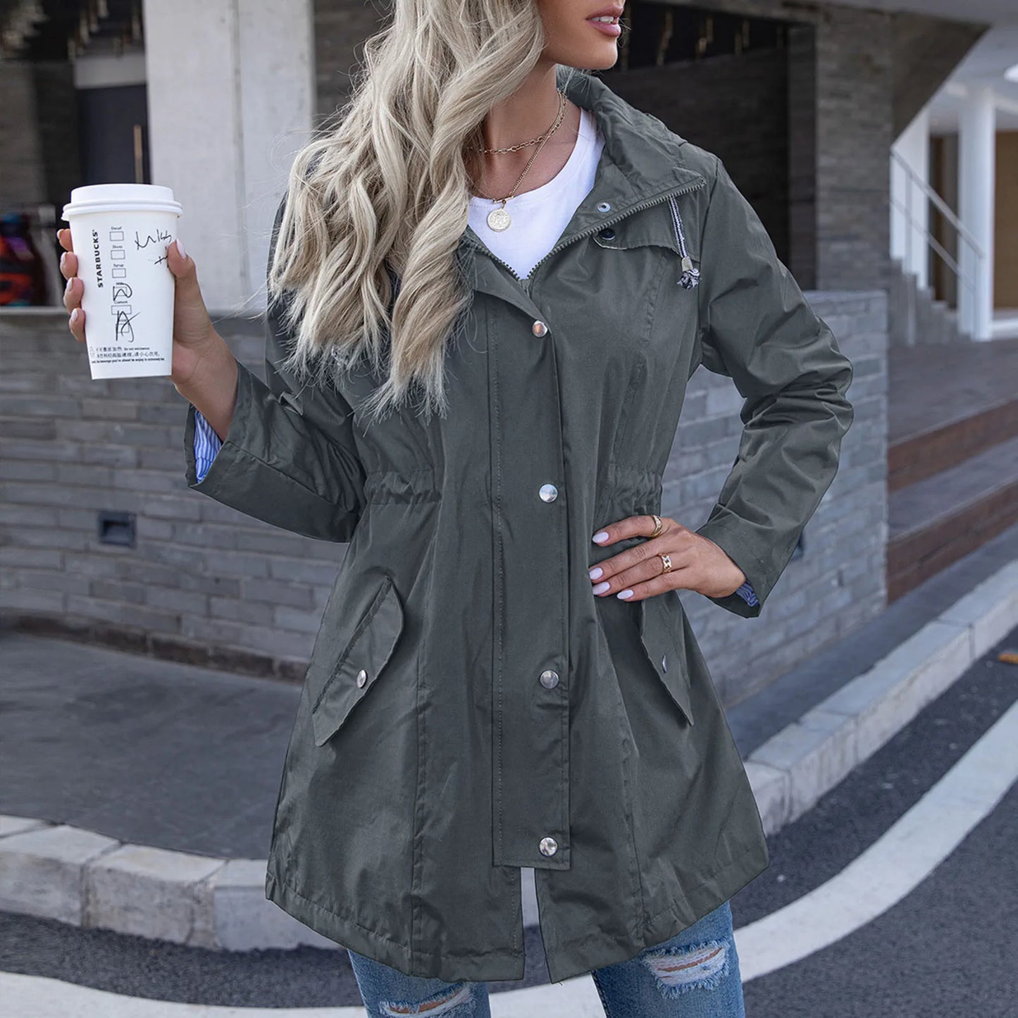 Hooded Zip Up Drawstring Trench Coat