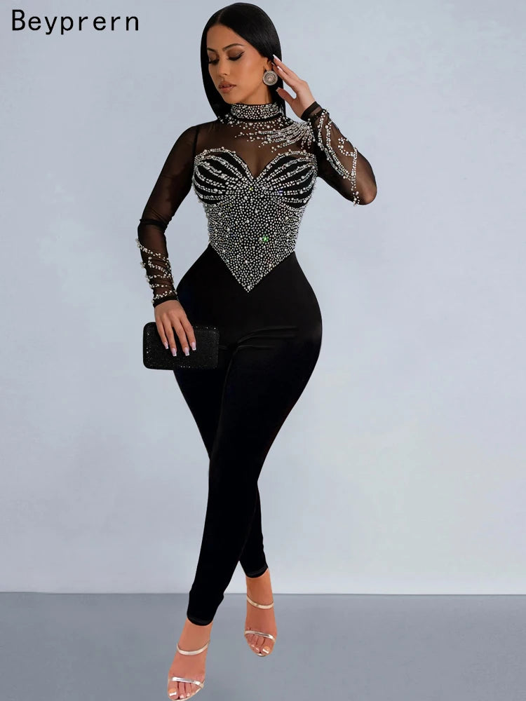 Women's Sheer Mesh Crystal Jumpsuits One Piece Outfits Glam Fitted Long Sleeve Pearls Rhinestone Rompers Club Overalls