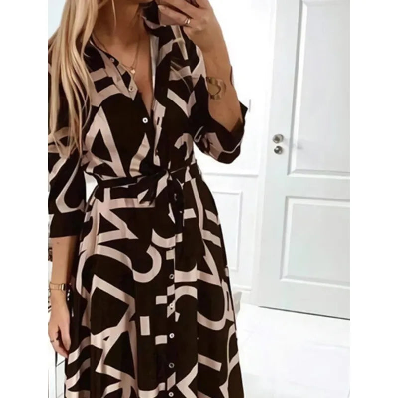 Genzi Printed Long Sleeve Button Up Dress