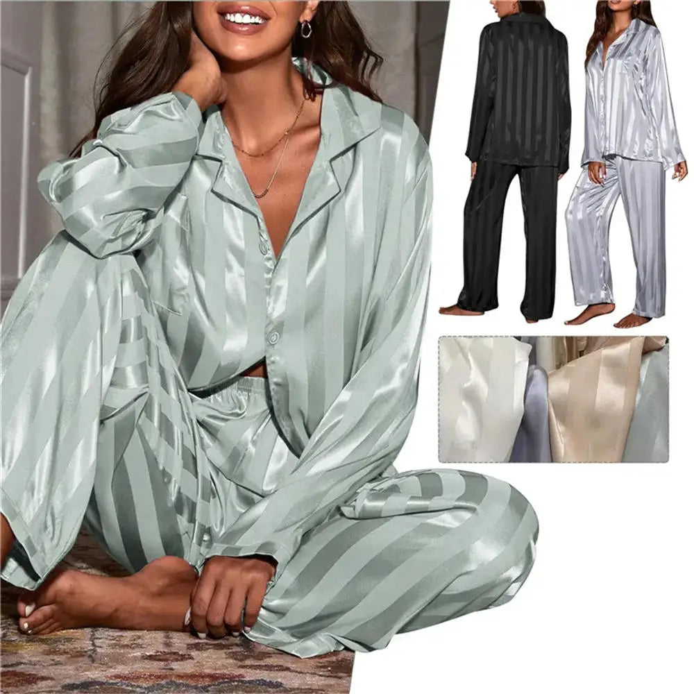 Genzi Satin Stripe Contrast Top & Pants Pj Set