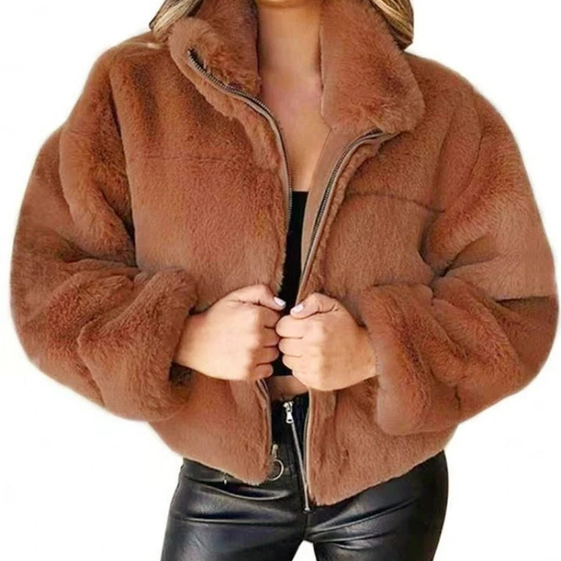 Genzi Faux Fur Teddy Short Zipper Oversized Jacket