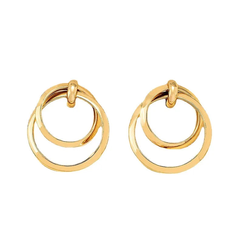 Geometry  Round Drop Double Layer Golden Plating Dangle Earrings