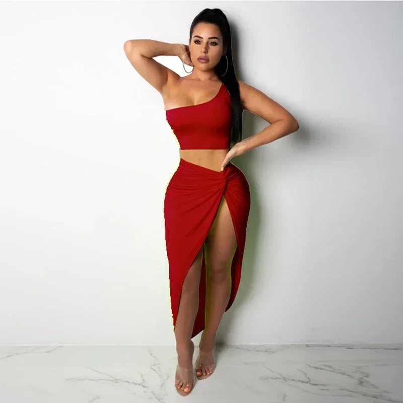 Women Irregular Skew Collar Crop Top Long Skirt 2 Piece Set for Women Female Skirts Women's Suits Evening Party Outfit