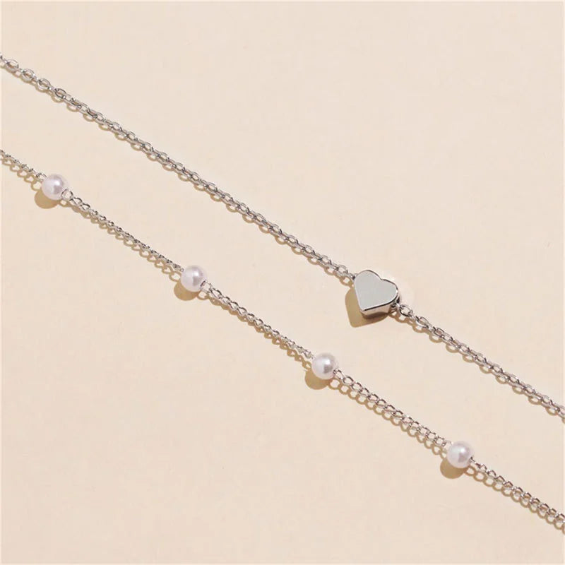 Genzi Double Layer Heart Pendant Pearl Choker Necklaces