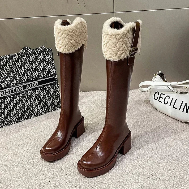 Genzi Faux Fur Buckle Knee High Long Boots