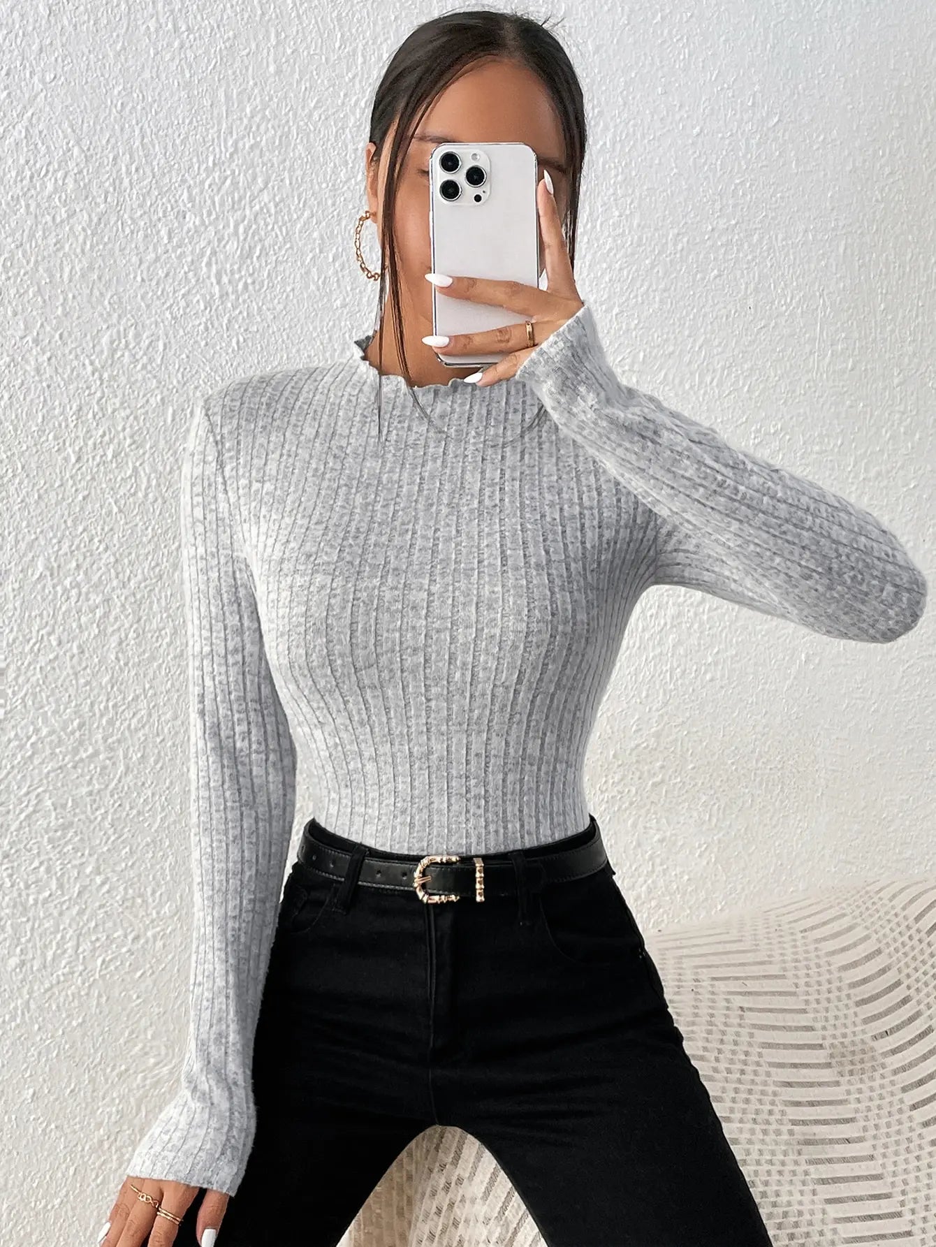 Genzi Slim Ruffle Neck Knit Long Sleeve Top