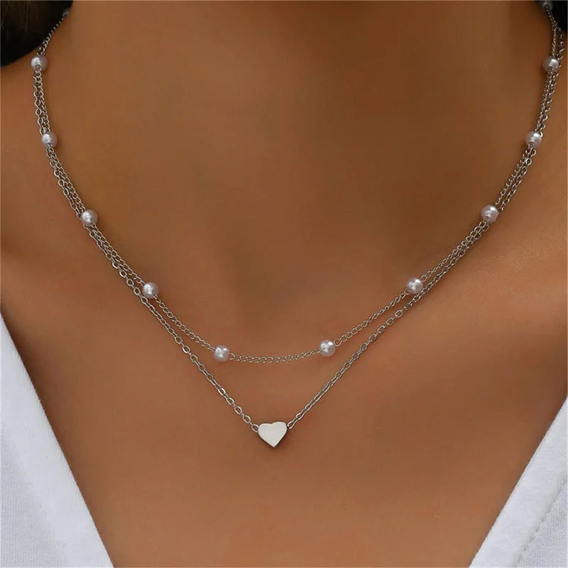 Genzi Double Layer Heart Pendant Pearl Choker Necklaces