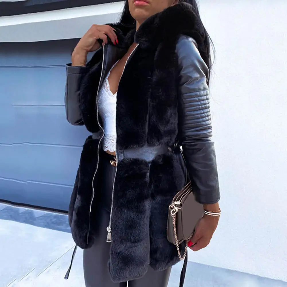 Genzi Faux Fur Zip Up PU Coat