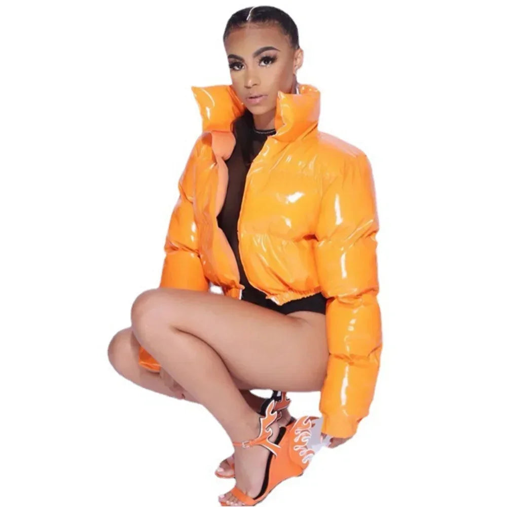 Genzi Shiny Vinyl Puffer Cropped Jacket