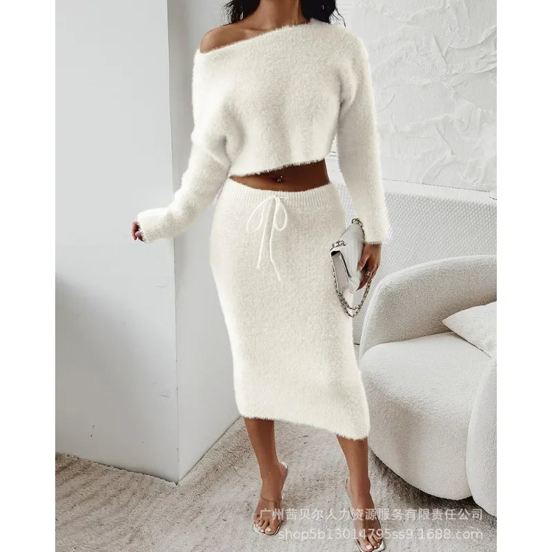 Genzi Borg Long Sleeve Short Top & Skirt Set