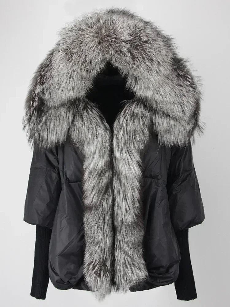 Genzi Real Fox Fur Collar Hooded Oversize Coat