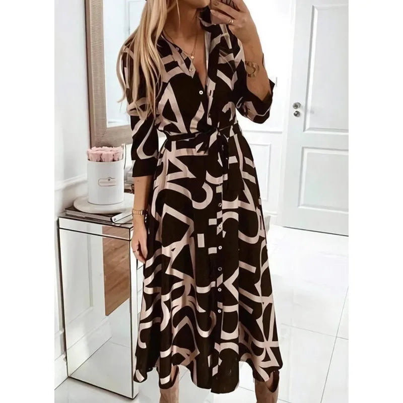 Genzi Printed Long Sleeve Button Up Dress