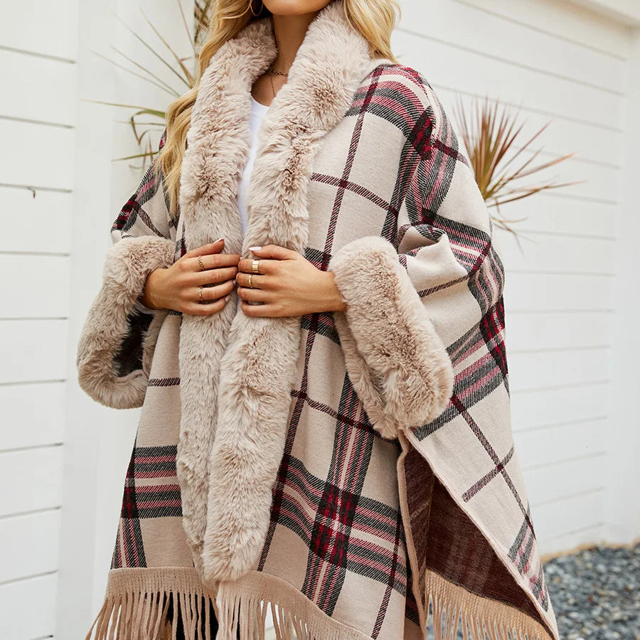 Genzi Hooded Faux Fur Poncho Cape