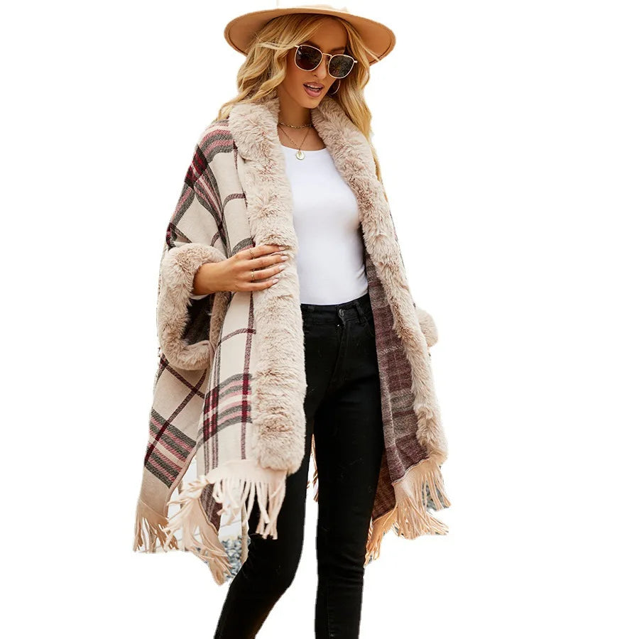 Genzi Hooded Faux Fur Poncho Cape