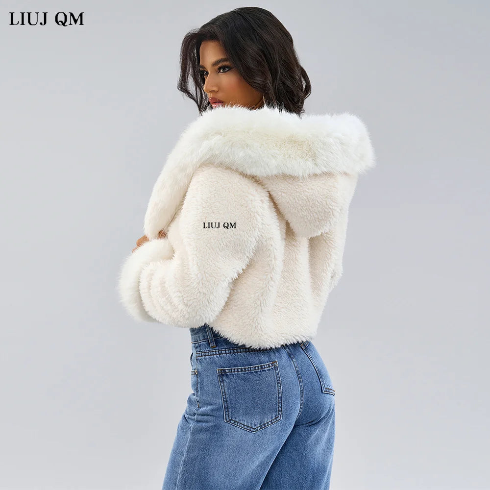 Genzi White Borg Faux Fur Hooded Crop Coat