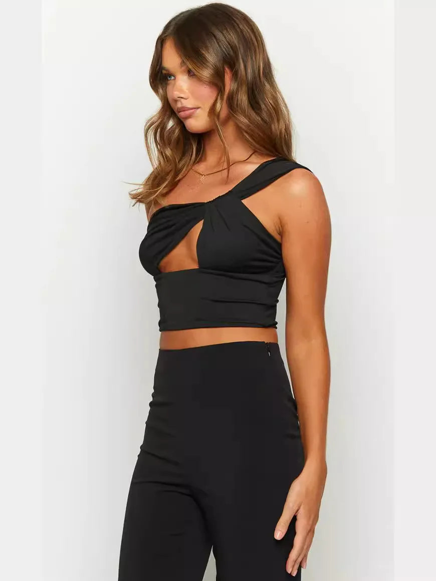 Genzi One Shoulder asymmetrical twist Open Back Short Top