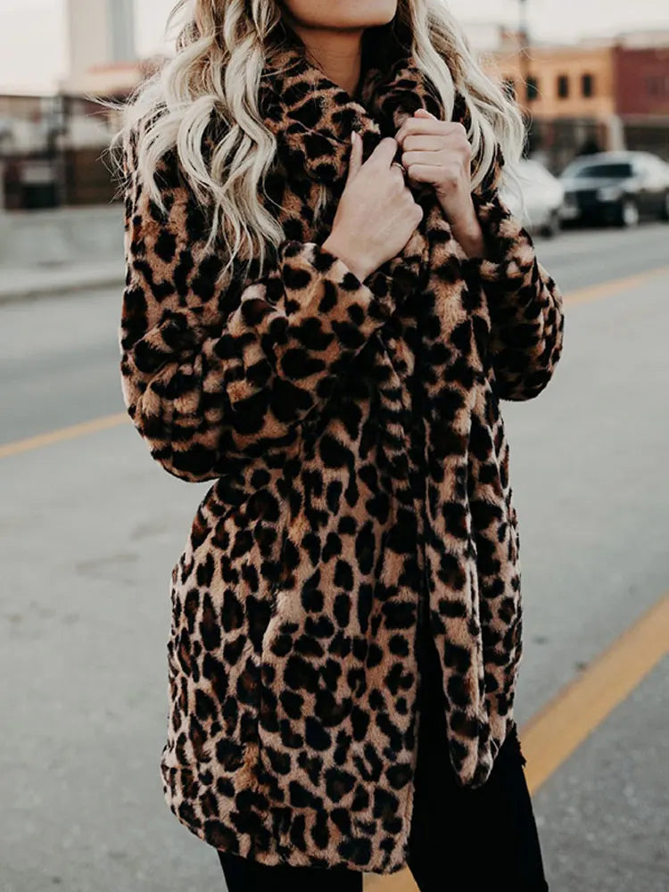 Women's Leopard Faux Fur Coat – Long warm winter jacket