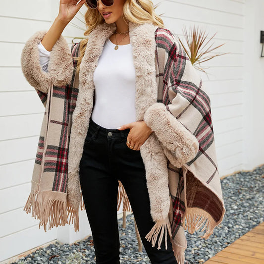 Genzi Hooded Faux Fur Poncho Cape