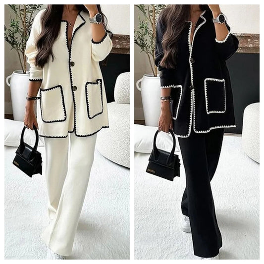 Knitted Two-Piece Set loose round neck cardigan wide-leg pants