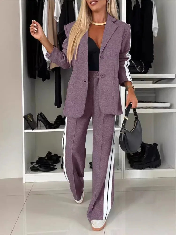 Genzi Striped Collar Blazer & straight Leg Pants Set