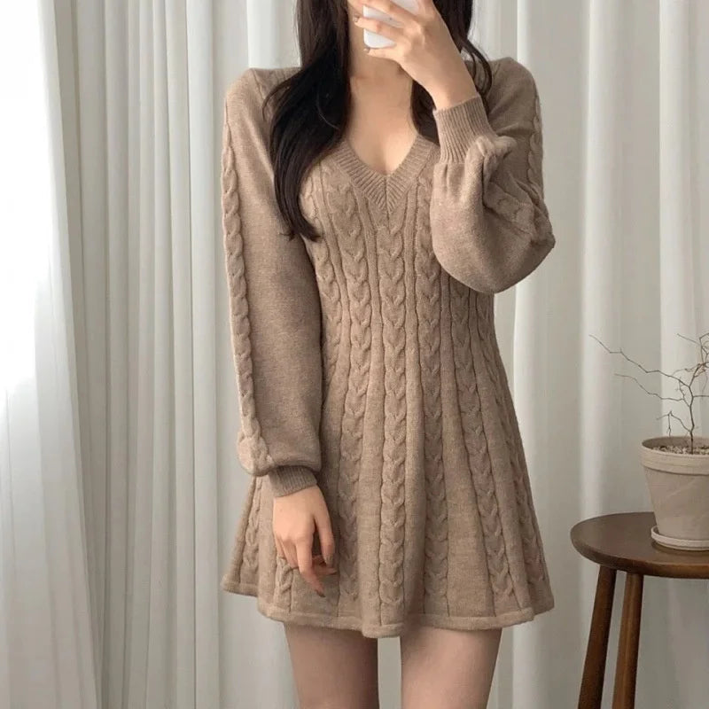 GENZI Cable-Knit V-Neck Mini Dress