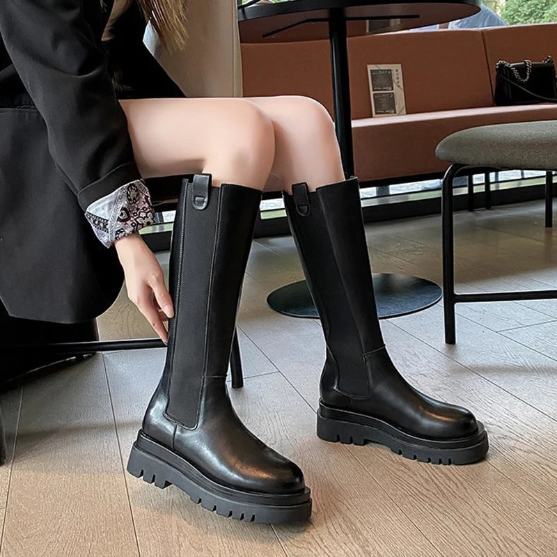 Genzi PU Leather Zip Knee-High Boot