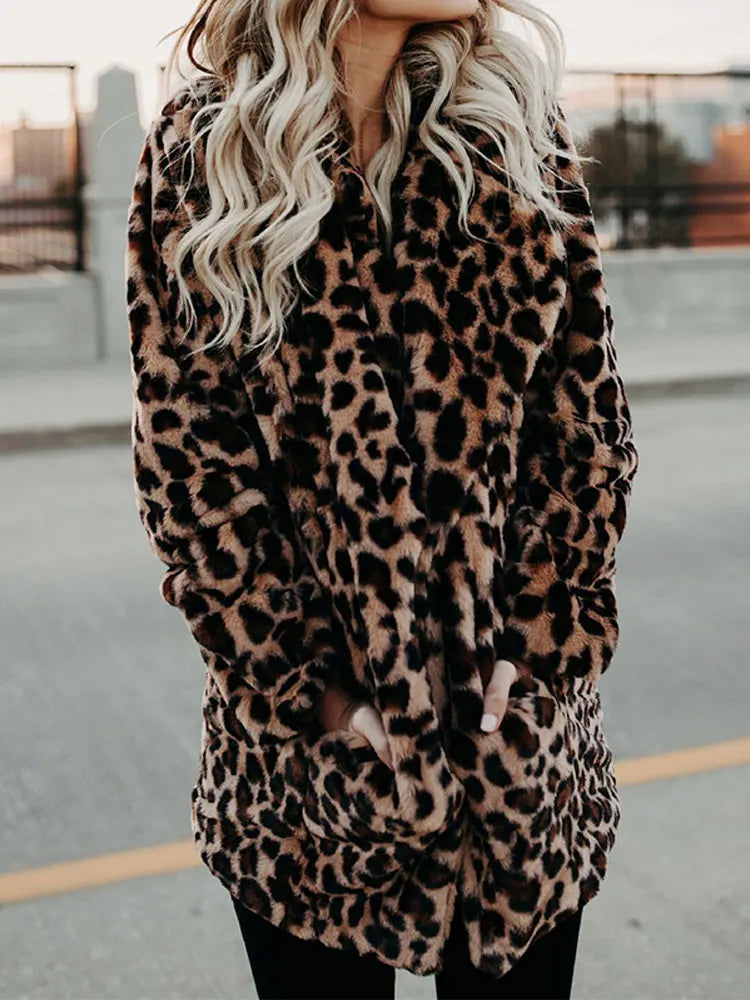 Women's Leopard Faux Fur Coat – Long warm winter jacket