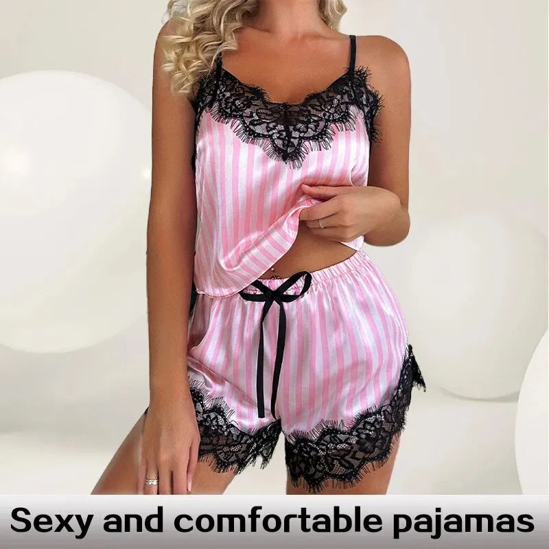 Genzi Pink Stripe Contrast Lace Trim Satin Cami Short PJ Set