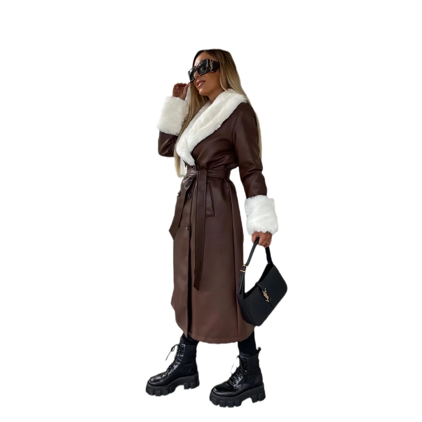 Genzi Faux Fur Trim Faux Shearling Maxi Coat