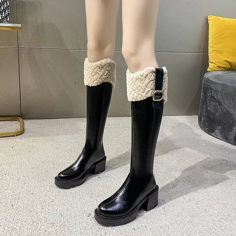 Genzi Faux Fur Buckle Knee High Long Boots