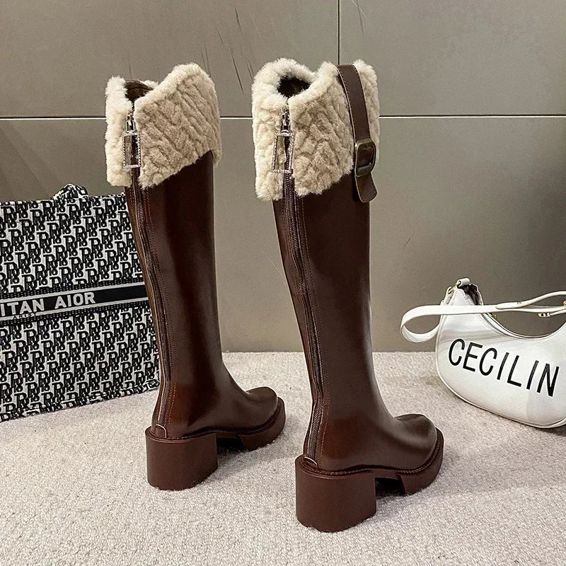 Genzi Faux Fur Buckle Knee High Long Boots