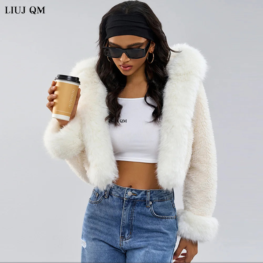 Genzi White Borg Faux Fur Hooded Crop Coat