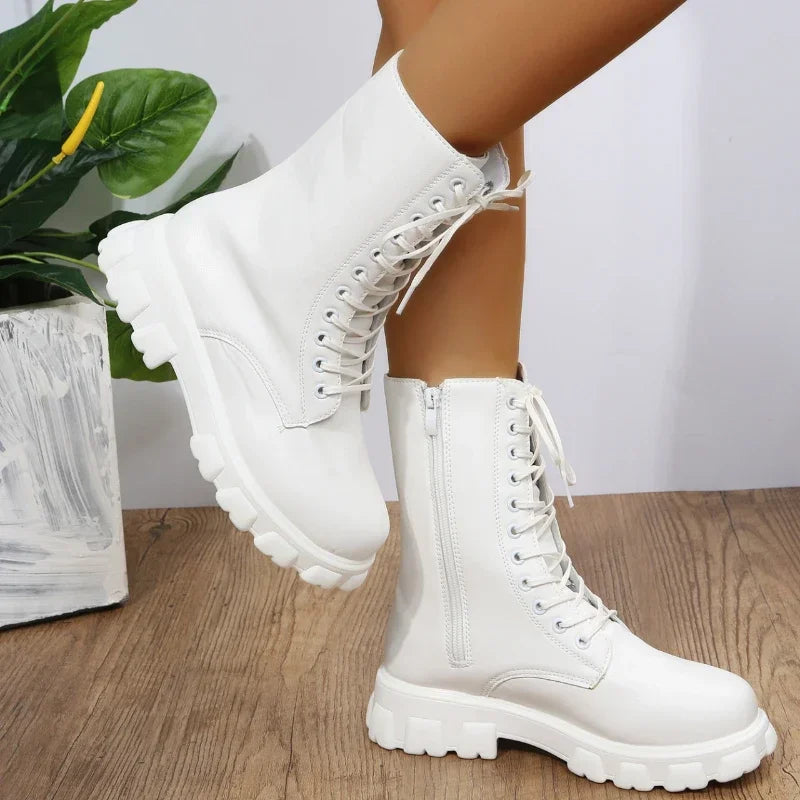 PU Leather Mid Calf chunky Heel Lace Up  Ankle Boots